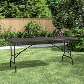 6ft Brown Folding Rattan Effect Tabletop Plastic Camping Table Trestle Picnic Table Outdoor