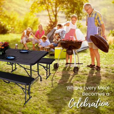 6ft Folding Table & 2 Folding Benches Set - Heavy-Duty Black HDPE, Steel Frames, Wood Grain Pattern, Indoor/Outdoor Use