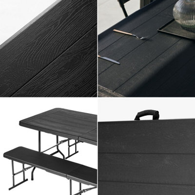 6ft Folding Table & 2 Folding Benches Set - Heavy-Duty Black HDPE, Steel Frames, Wood Grain Pattern, Indoor/Outdoor Use