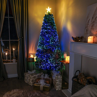 6ft Green Pinprick Fibre Optic Xmas Tree with Multi Coloured Fibre Optic Lights