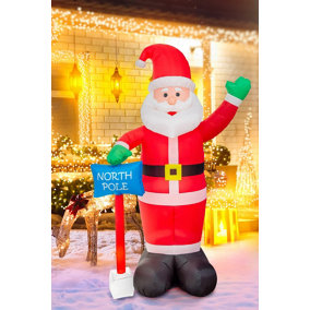 6ft Inflatable Hand Waving Santa Clause with North Pole Sign Board Pre Lit Mains Powered White LED Lights Christmas