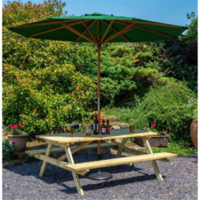 6ft Picnic Table with Green Parasol & Base