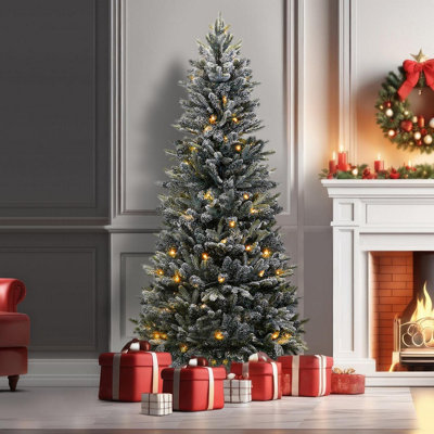 6ft Pop-Up Pre-Lit Frosted Pine Christmas Tree with 100 LEDs & Timer - Easy Assemble Illuminated Xmas Decoration - H180 x 82cm