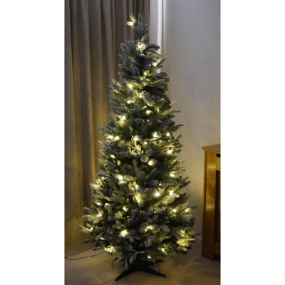 6ft Pop-Up Pre-Lit Frosted Pine Christmas Tree with 100 LEDs & Timer - Easy Assemble Illuminated Xmas Decoration - H180 x 82cm
