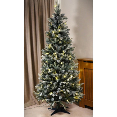 6ft Pop-Up Pre-Lit Frosted Pine Christmas Tree with 100 LEDs & Timer - Easy Assemble Illuminated Xmas Decoration - H180 x 82cm