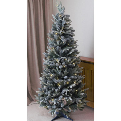 6ft Pop-Up Pre-Lit Frosted Pine Christmas Tree with 100 LEDs & Timer - Easy Assemble Illuminated Xmas Decoration - H180 x 82cm