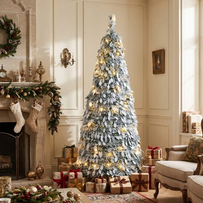6ft Pre Lit Snow Flocked Slim Artificial Christmas Tree Warm White LED ...