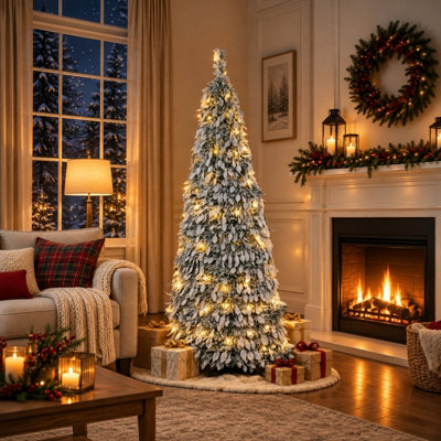 6ft Pre Lit Snow Flocked Slim Artificial Christmas Tree Warm White LED ...
