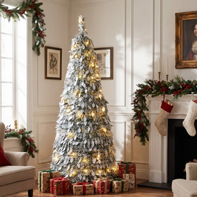 6ft Pre Lit Snow Flocked Slim Artificial Christmas Tree Warm White LED ...
