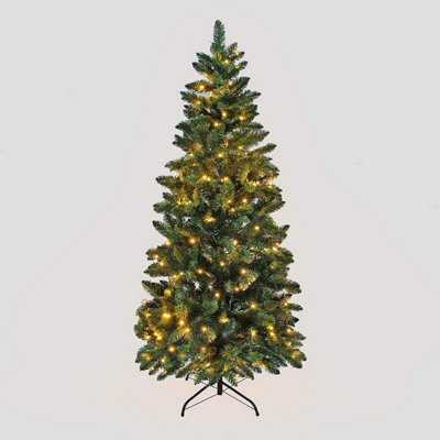 6FT Pre-Lit Warm White LED Green Christmas Slim Pine Narrow Tree With Metal Stand