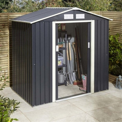 6ft x 4ft - Deluxe Ironwood Metal Apex Shed With Double Doors & Assembly + Foundation Kit - Dark Grey