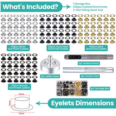 6mm Eyelets with Hand Tools, 200pcs Grommets Eyelets, 4 Colours