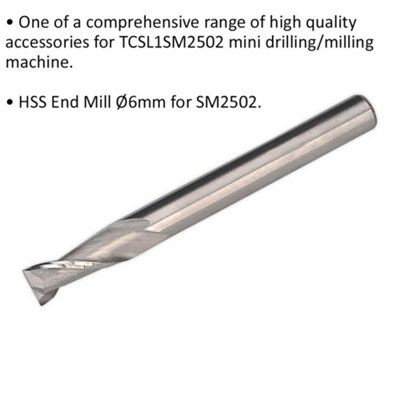 6mm HSS End Mill 2 Flute - Suitable for ys08796 Mini Drilling & Milling Machine