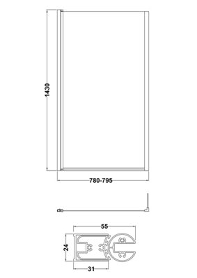 6mm Toughened Safety Glass L Shaped Reversible Bath Screen with Fixed Return - Black