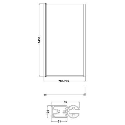 6mm Toughened Safety Glass L Shaped Reversible Bath Screen with Fixed Return - Black - 3