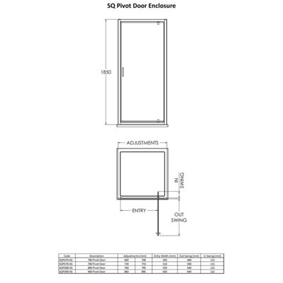 6mm Toughened Safety Glass Reversible Pivot Shower Door - 760mm - Black
