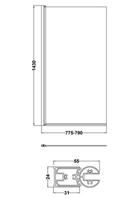 6mm Toughened Safety Glass Straight Reversible Bath Screen - Black