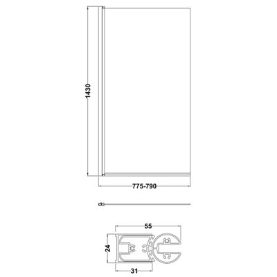 6mm Toughened Safety Glass Straight Reversible Bath Screen - Black - 3