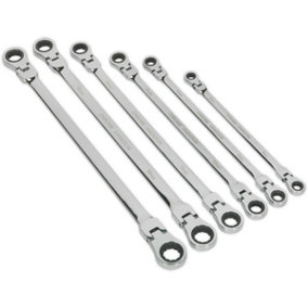 6pc Flexible Head EXTRA LONG Ratchet Ring Spanner Set - 12 Point Metric Double