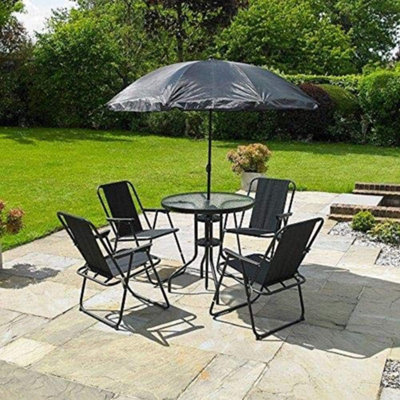 6pc Garden Furniture Set Dining Table 4 Chairs Seats & Parasol Patio Deck Black