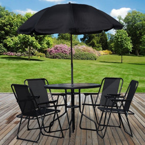 6pc Garden Furniture Set Dining Table 4 Chairs Seats & Parasol Patio Deck Black