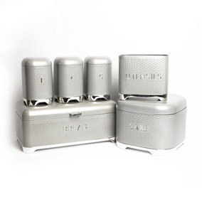 6pc Gift-Boxed Shadow Grey Storage Set with Tea, Coffee & Sugar Canisters, Utensil Store, Cake Tin and Bread Bin - Lovello