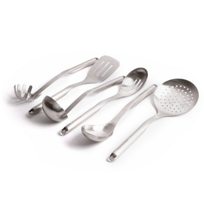 6pc Premium Stainless Steel Utensil Set with Slotted Spoon, Slotted Turner, Cooking Spoon, Ladle, Pasta Server & Strainer