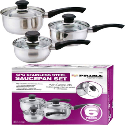 6pc Stainless Steel Cookware Set Includes Saucepan, Pan, Pot Essential Cooking Kitchen Glass Lids Sturdy Handles Pots Pans Lid