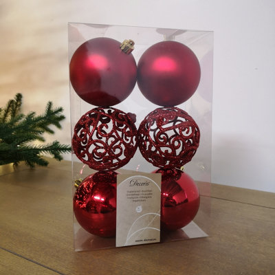 6pcs 8cm Assorted Shatterproof Baubles Christmas Decoration in Red