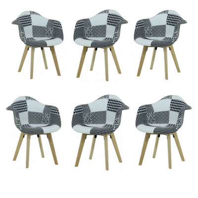 6PCs Patchwork Tub Fabric Dining Chairs Upholstered Dining Armchair, Black/White