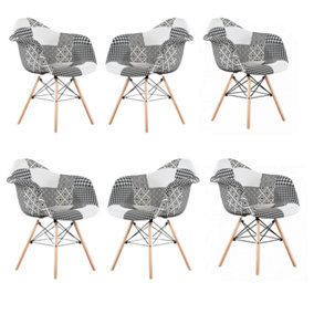 6PCs Patchwork Tub Fabric Dining Chairs Upholstered Dining Armchair, Black/White