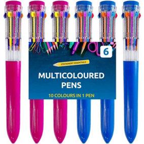 6pk 10 in 1 Multi Coloured Pens All In One - Multicoloured Pen with 10 Vivid Ink Colours - Retractable Multi Colour Pen