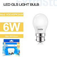 6W LED Ball Bulb B22, 3000K, Pack of 3, Paper Pack