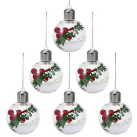 6X 7.8Cm Snow Filled Illuminated Led Light Up Baubles - Filled Brim With Tiny Seasonal Decorations - Hanging Ornament