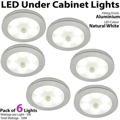 6x ALUMINIUM Ultra-Slim Round Under Cabinet Kitchen Light & Driver Kit - AUTO ON / OFF PIR - Natural White LED