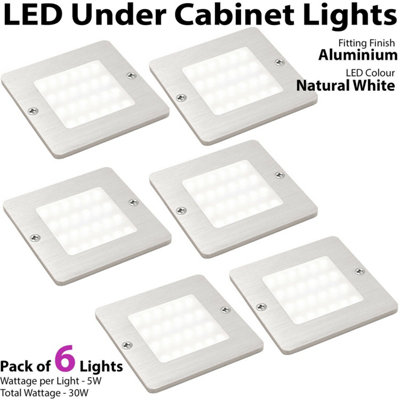 6x ALUMINIUM Ultra-Slim Square Under Cabinet Kitchen Light & Driver Kit - Natural White LED