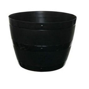 6x Black Barrel Planter Round Plastic Plant Pot 34cm Patio Garden Flower Tub