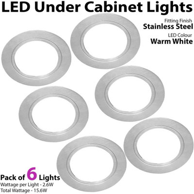 6x BRUSHED NICKEL Round Flush Under Cabinet Kitchen Light & Driver Kit - Warm White LED