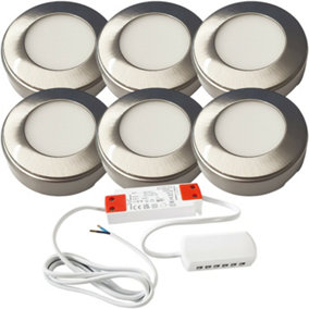 6x BRUSHED NICKEL Round Surface or Flush Under Cabinet Kitchen Light & Driver Kit - Natural White LED