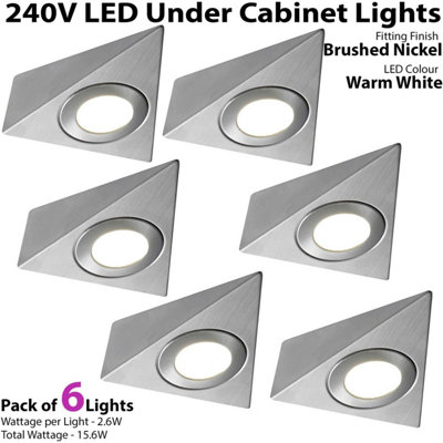 6x BRUSHED NICKEL Triangle Surface Under Cabinet Kitchen Light Kit - 240V Mains Powered - Warm White LED