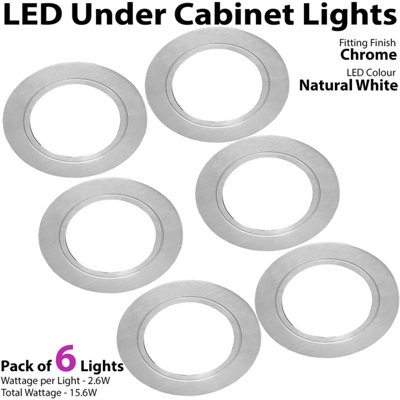6x CHROME Round Flush Under Cabinet Kitchen Light & Driver Kit - Natural White LED
