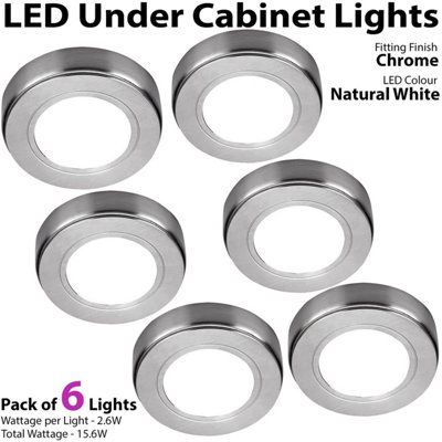 6x CHROME Round Surface or Flush Under Cabinet Kitchen Light & Driver Kit - Natural White LED