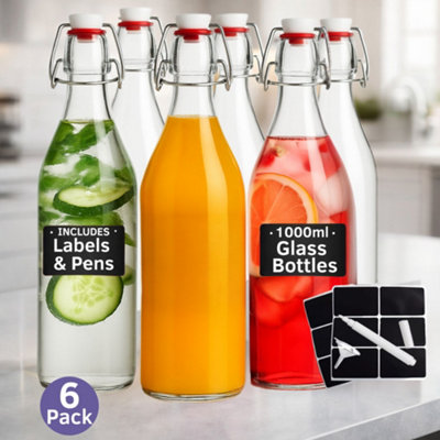 6x Glass Bottles with Stoppers -1L Clear Swing Top Bottles for