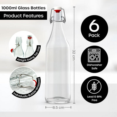 6x Glass Bottles with Stoppers -1L Clear Swing Top Bottles for