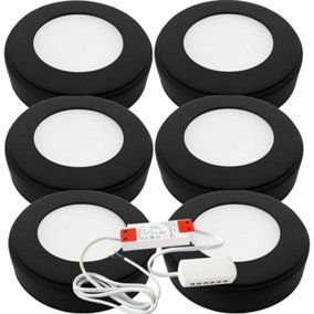 6x MATT BLACK Round Surface or Flush Under Cabinet Kitchen Light & Driver Kit - Natural White LED