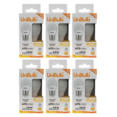 6x UniBulb LED Golf E27 (ES) 470lm 4.2W 2700K (Warm White) Light Bulb ...