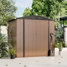 6x4 ft Brown Apex Reinforced Roof Garden Shed Metal Tool Storage Shed with LockableDoor