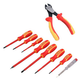 7.5in VDE Electrician Electrical Diagonal Side Wire Cutting Pliers & 8pc Screwdrivers
