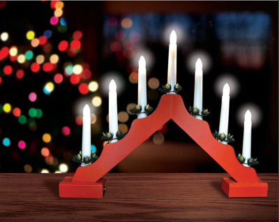 7 Bulb Traditional Wooden Christmas Candle Bridge - Red