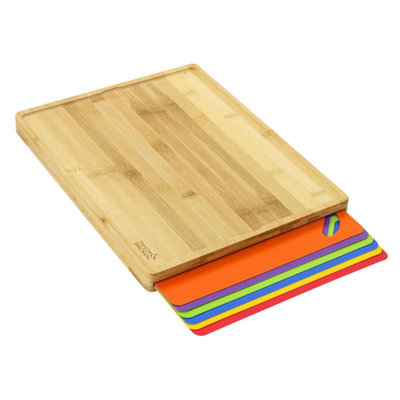 7 in 1 Bamboo Chopping Board with 6 Flexible Color Coded Mats Large ...